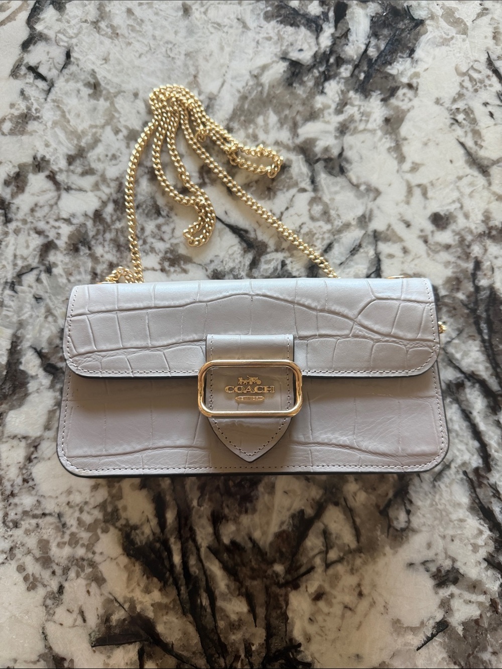 COACH Cream Croc-Embossed Leather Chain Shoulder Bag